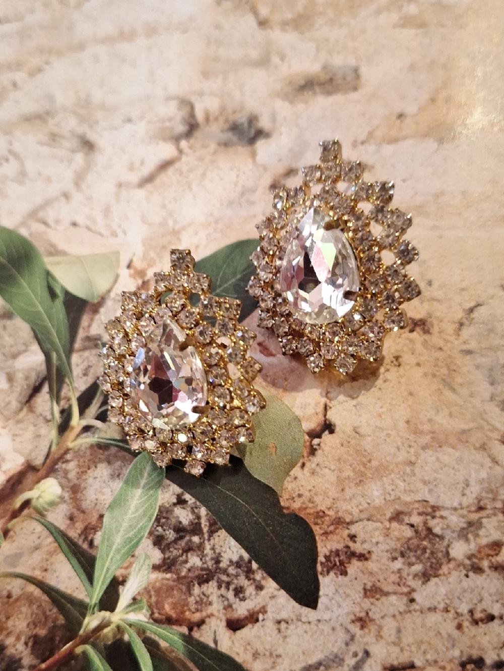 Gold Crystal Teardrop Statement Earrings - Clear